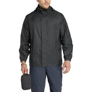 Men's Black Nylon Rain Shell Hood Full Zip Packable Windbreaker Jacket